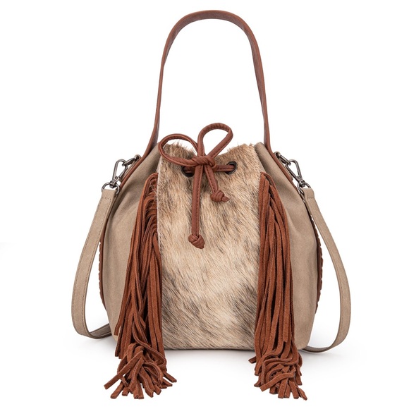 - Montana West Hair-On Cowhide Drawstring Hobo/Crossbody - Tan - Picture 1 of 8